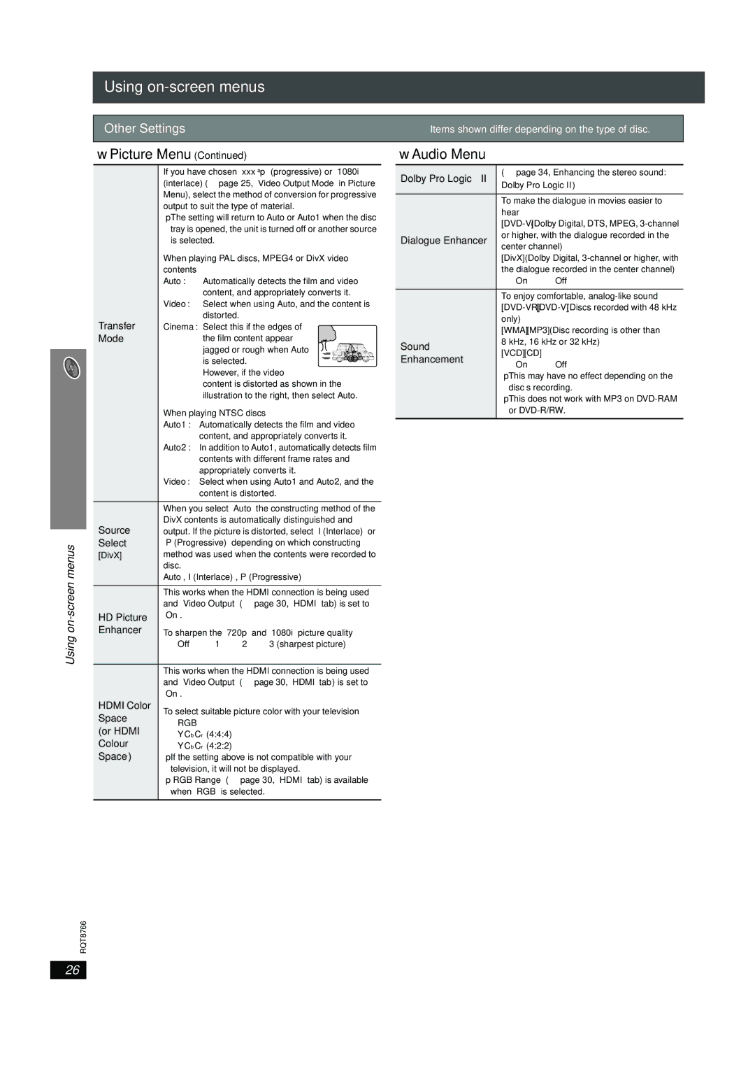 Panasonic SC-HT995W operating instructions Audio Menu 