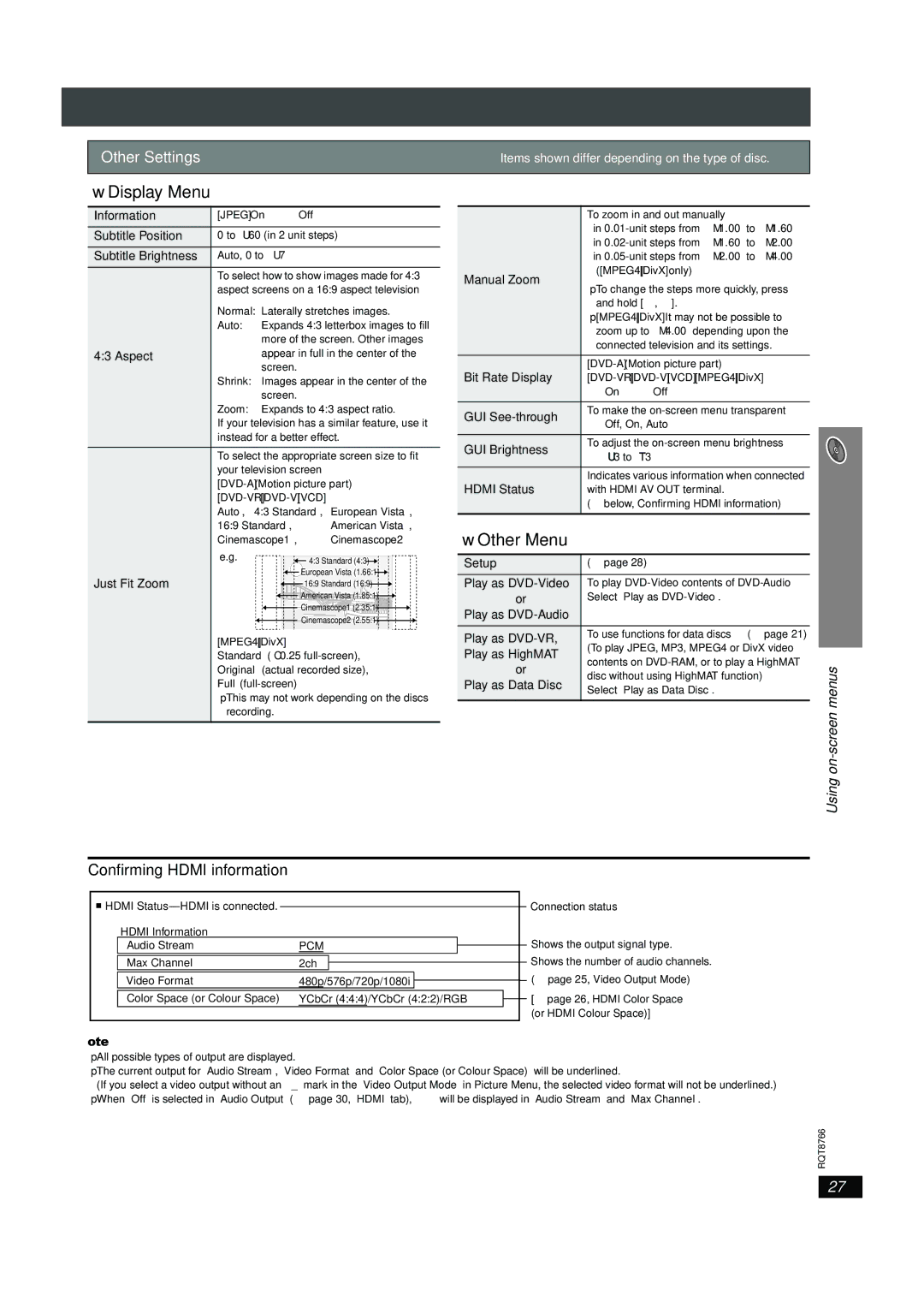 Panasonic SC-HT995W operating instructions Display Menu, Other Menu 