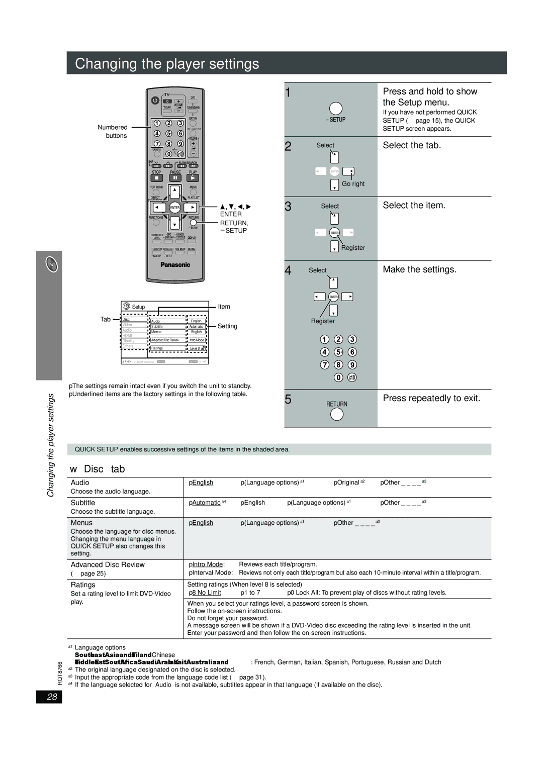 Panasonic SC-HT995W operating instructions Changing the player settings, Disc tab, Player settings 