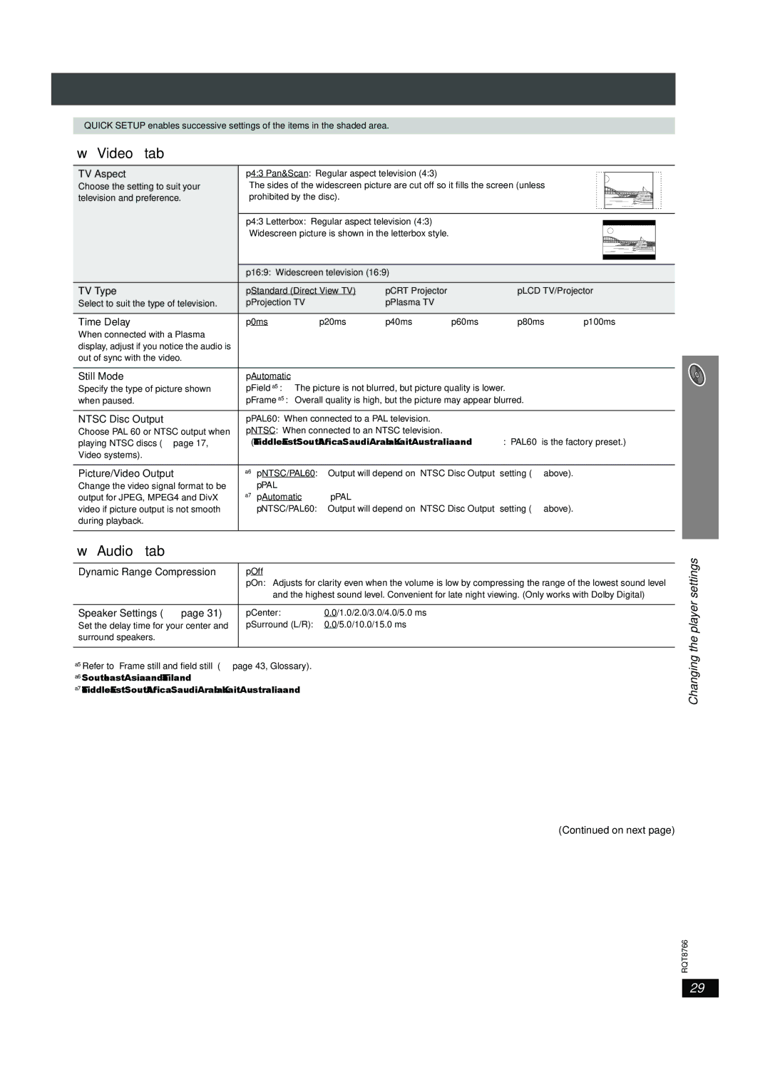 Panasonic SC-HT995W operating instructions Video tab, Audio tab, Changing the player settings 