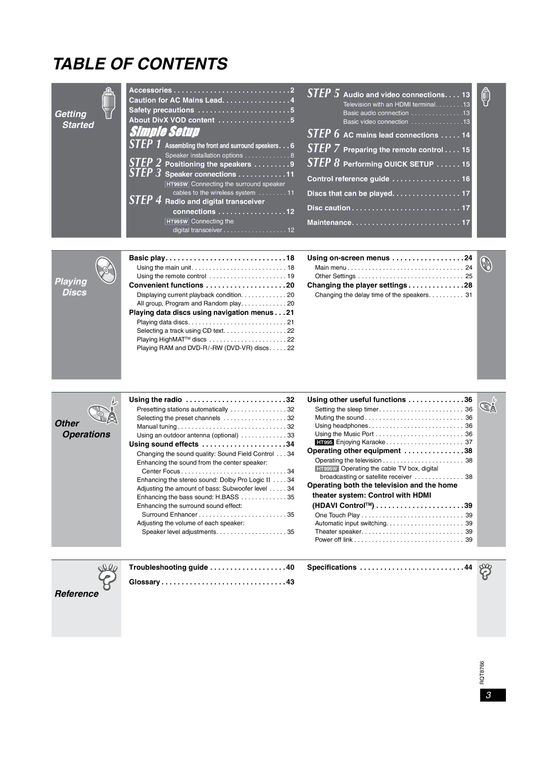 Panasonic SC-HT995W operating instructions Table of Contents 