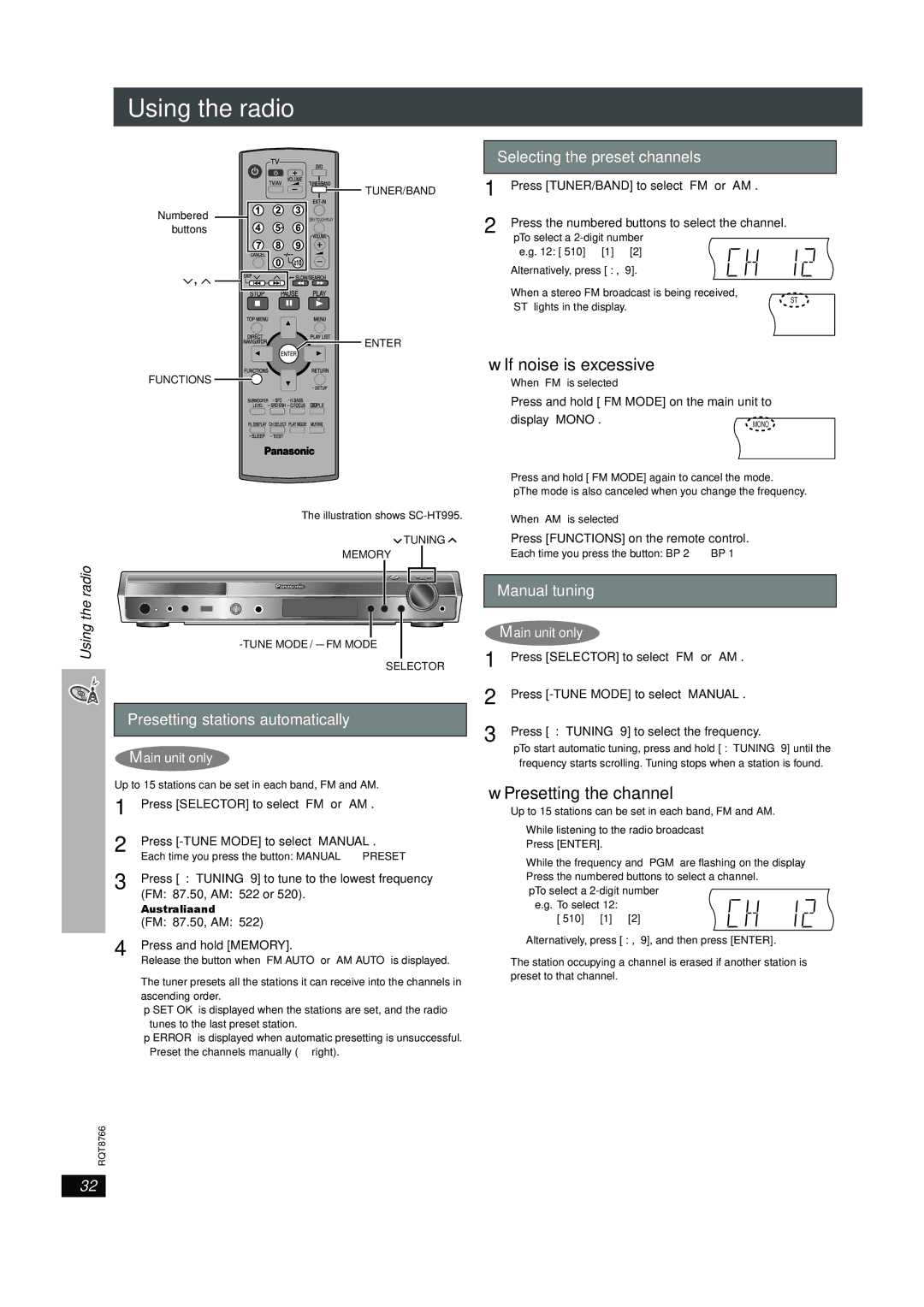 Panasonic SC-HT995W operating instructions Using the radio, If noise is excessive, Presetting the channel 