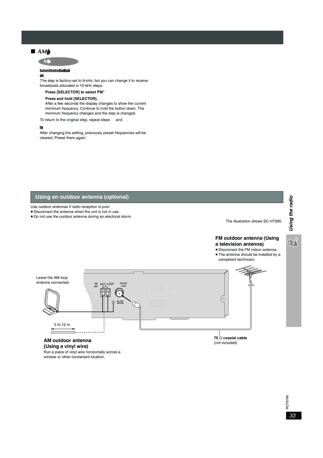 Panasonic SC-HT995W Using an outdoor antenna optional, AM outdoor antenna Using a vinyl wire, 75 ≠ coaxial cable 