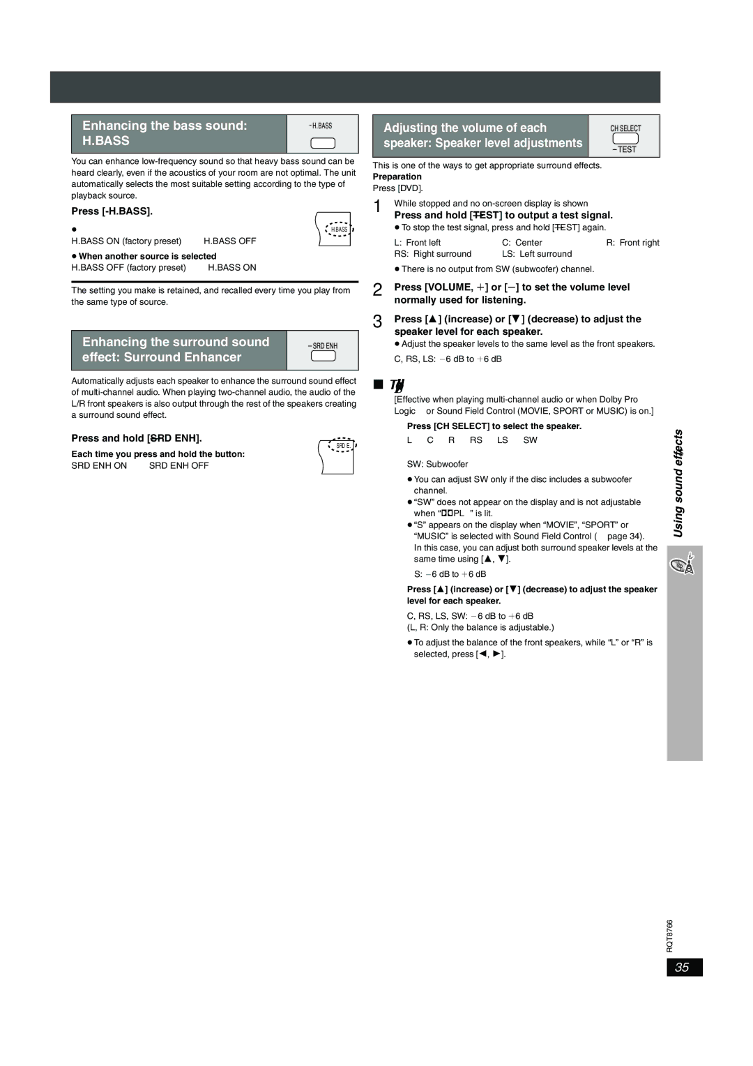 Panasonic SC-HT995W To adjust speaker level during play, Enhancing the surround sound effect Surround Enhancer 