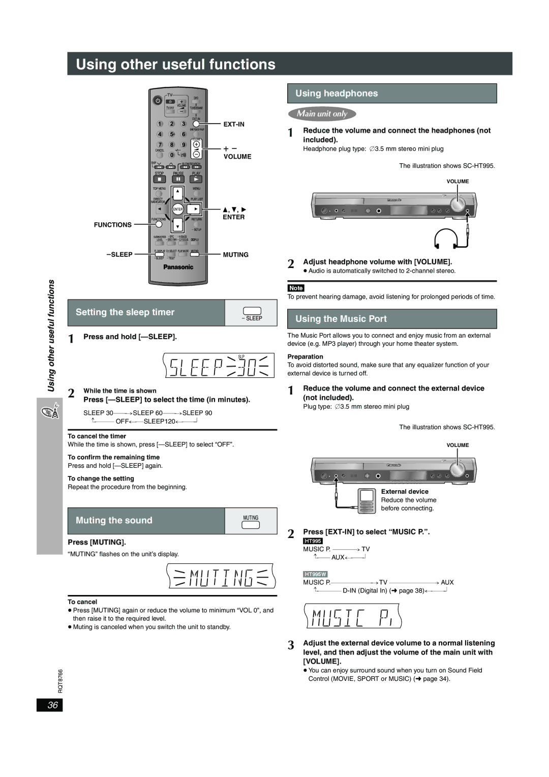 Panasonic SC-HT995W Using other useful functions, Using headphones, Setting the sleep timer, Muting the sound 