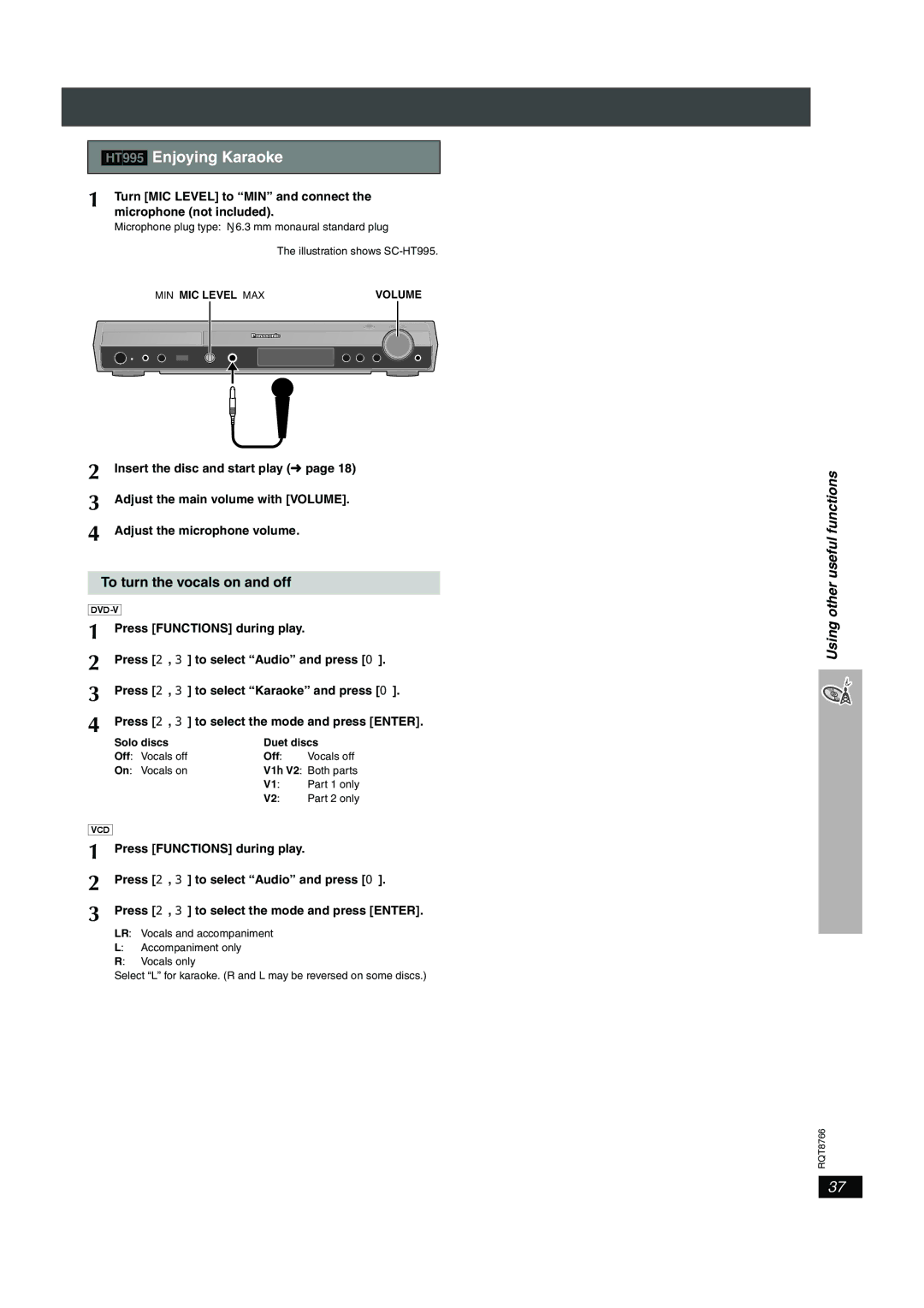 Panasonic SC-HT995W HT995 Enjoying Karaoke, To turn the vocals on and off, Using other useful functions 