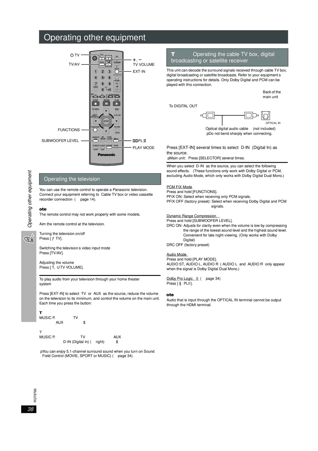 Panasonic SC-HT995W Operating other equipment, Operating the television, Equipment, Other, TV/AV TV Volume EXT-IN 