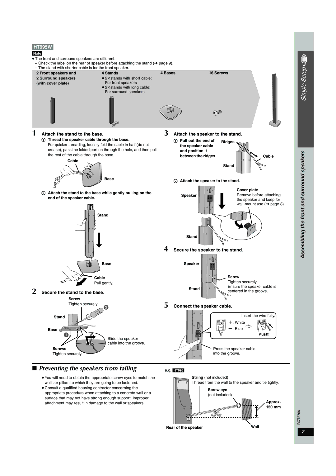 Panasonic SC-HT995W operating instructions Preventing the speakers from falling, Secure the speaker to the stand 