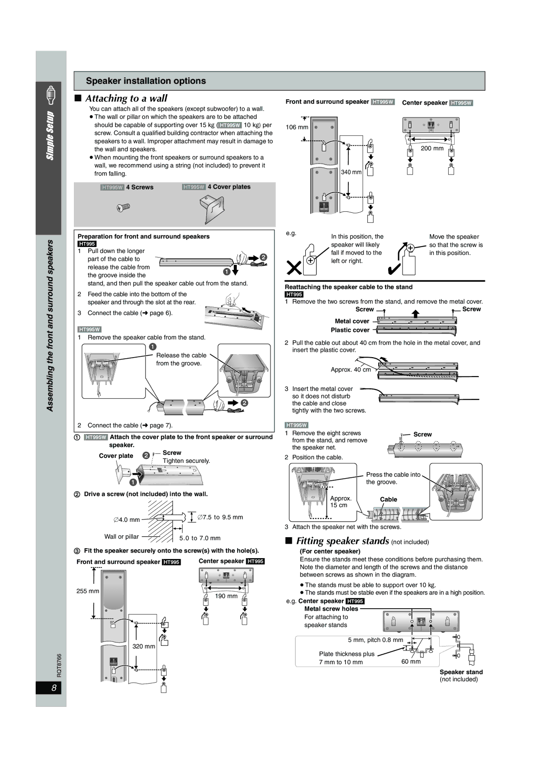 Panasonic SC-HT995W operating instructions Attaching to a wall, Fitting speaker stands not included 