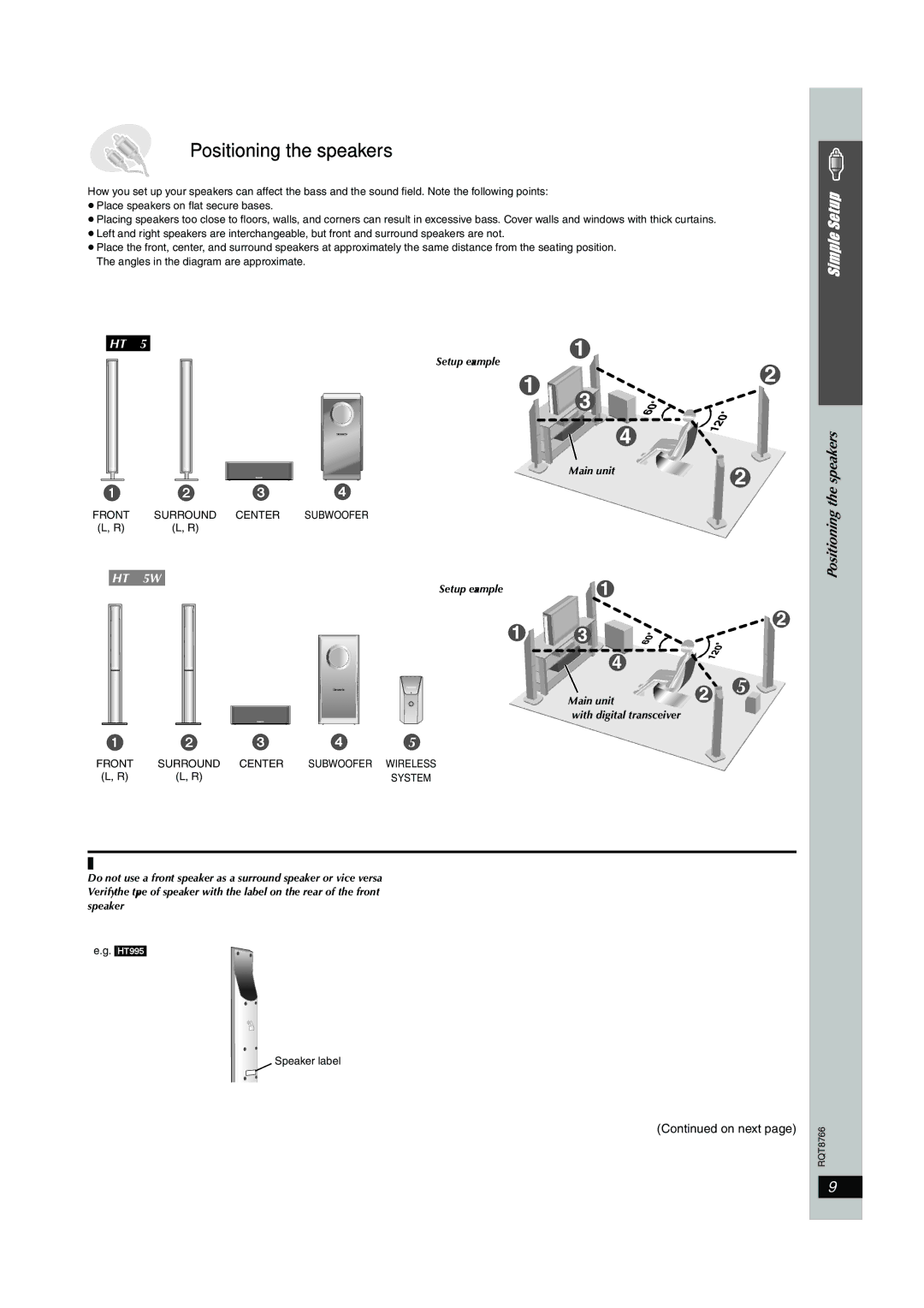 Panasonic SC-HT995W Positioning the speakers, Angles in the diagram are approximate, Setup example Main unit 