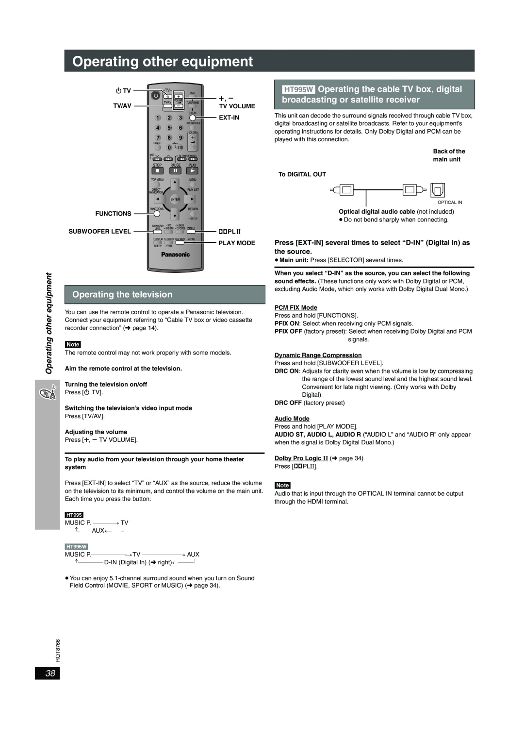 Panasonic SC-HT995W operating instructions Operating other equipment, Operating the television 