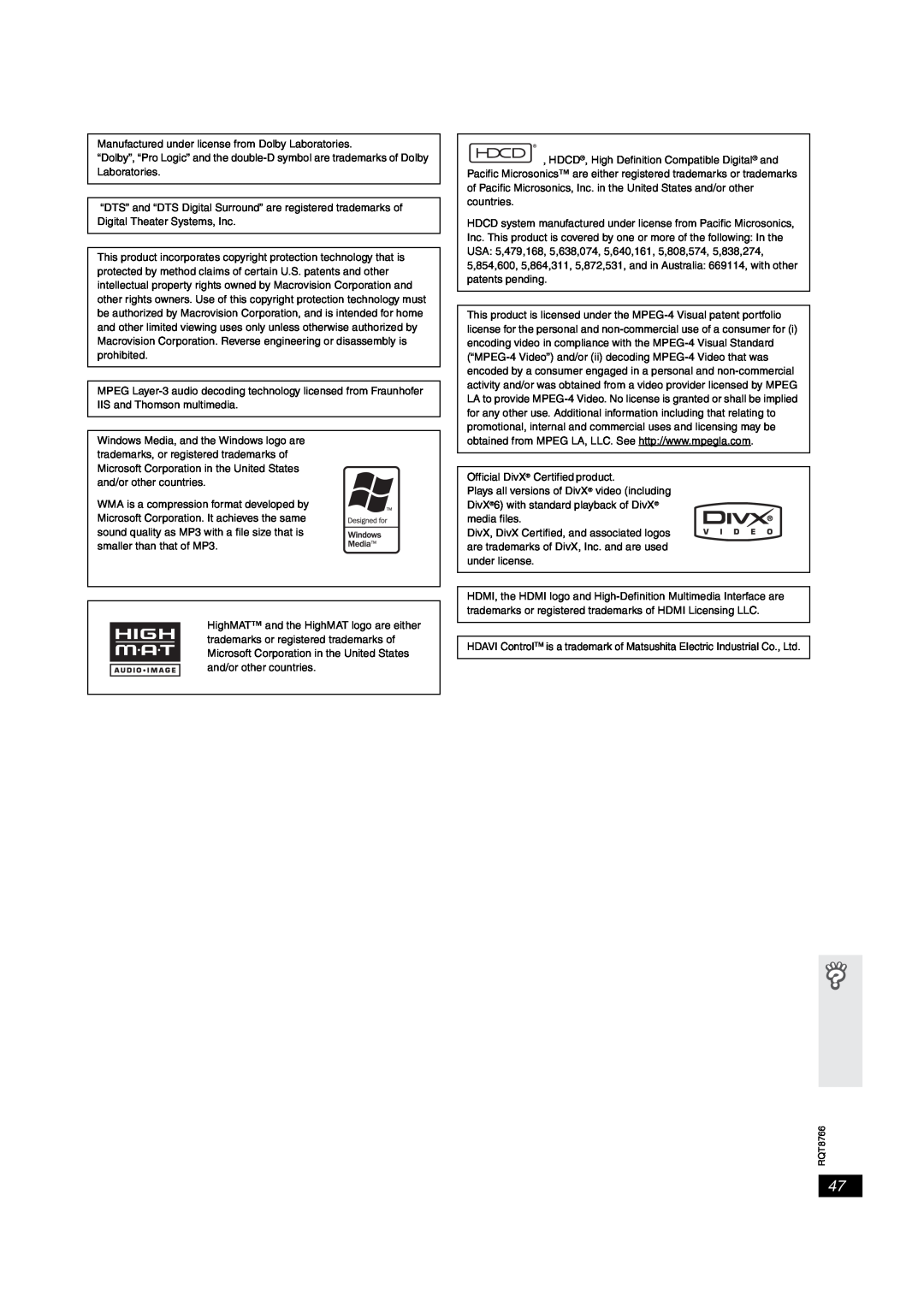 Panasonic SC-HT995W operating instructions Manufactured under license from Dolby Laboratories 