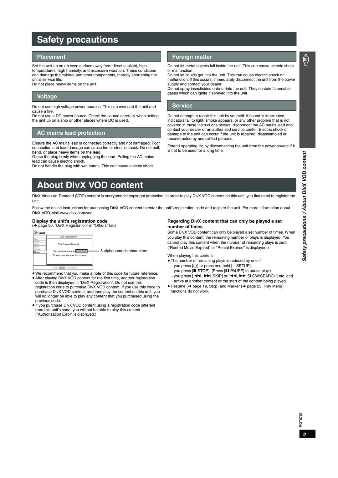 Panasonic SC-HT995 Safety precautions, About DivX VOD content, Placement, Voltage, AC mains lead protection, Service 