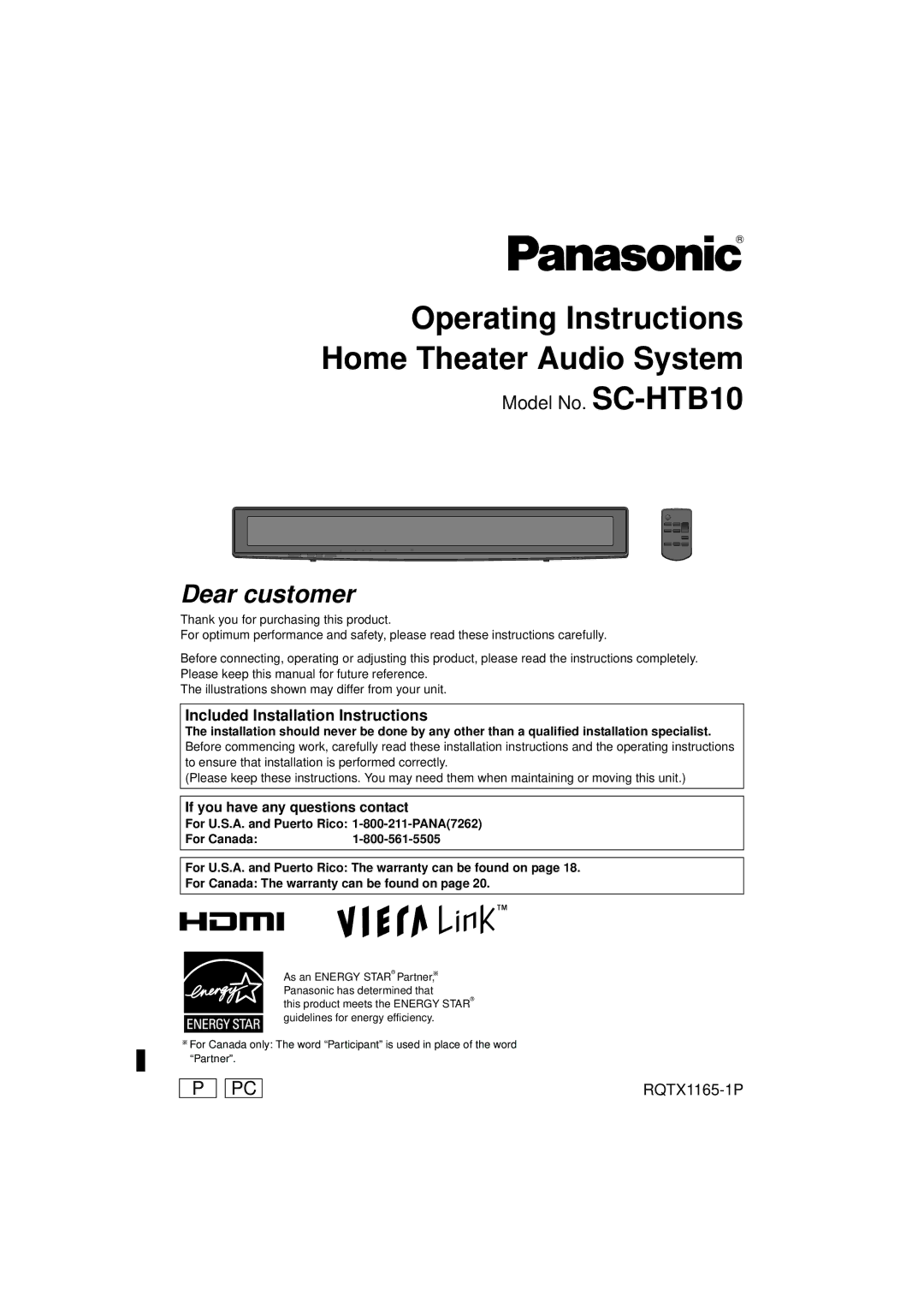 Panasonic RQTX1165-1P operating instructions Model No. SC-HTB10, Included Installation Instructions 