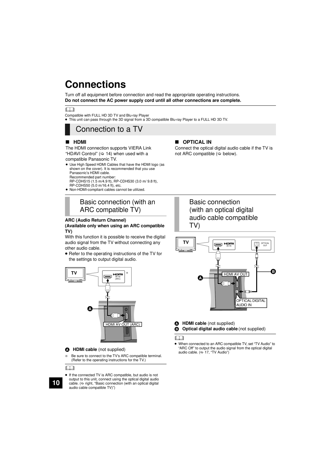 Panasonic SC-HTB10 Connections, Connection to a TV, Basic connection with an ARC compatible TV, Hdmi cable not supplied 