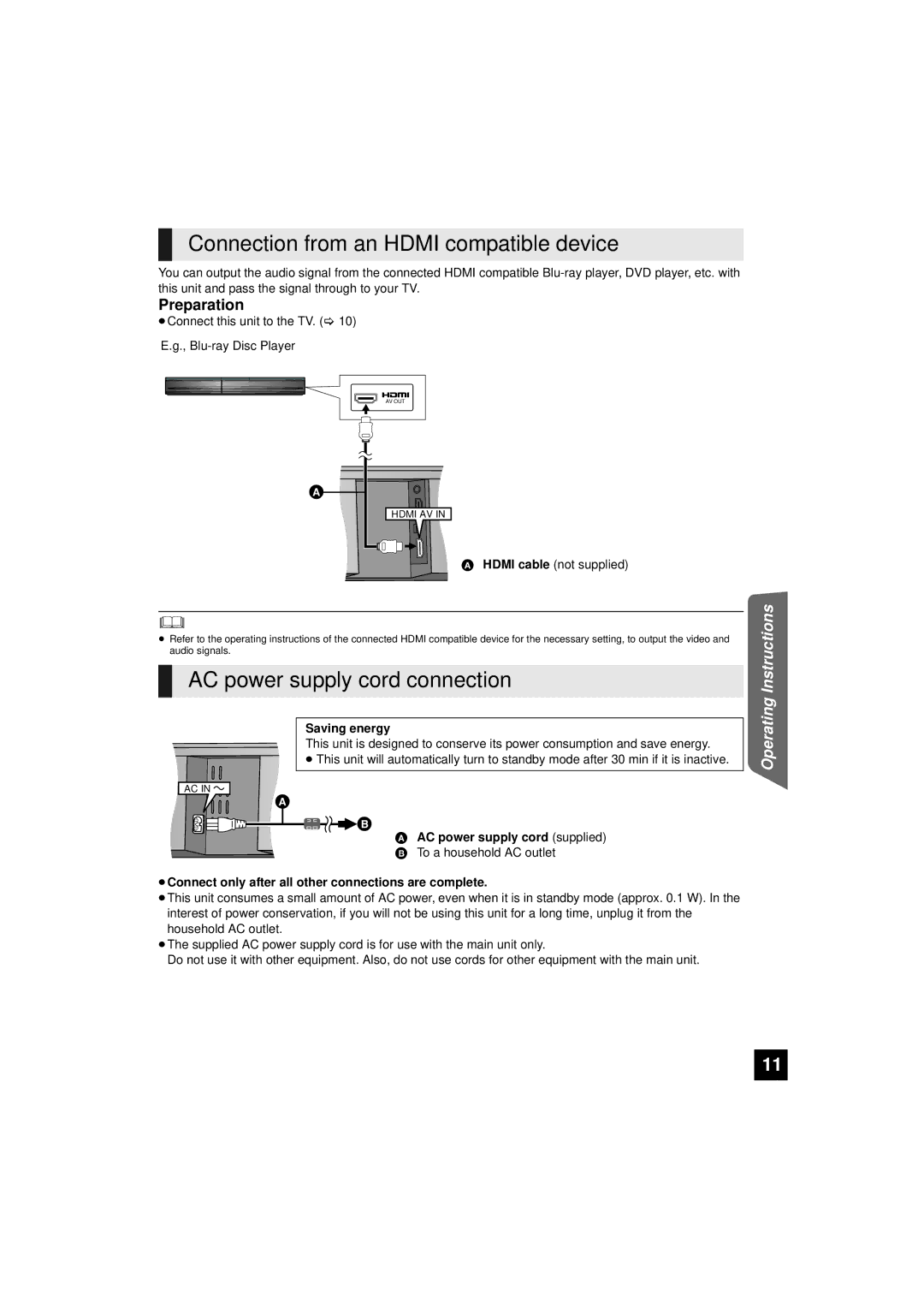 Panasonic RQTX1165-1P, SC-HTB10 Connection from an Hdmi compatible device, AC power supply cord connection, Saving energy 