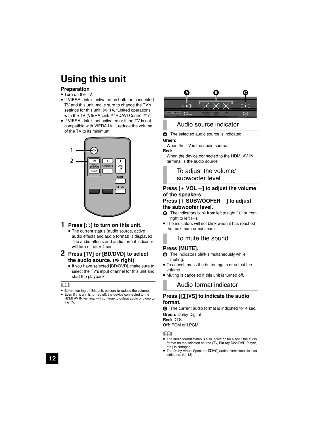 Panasonic SC-HTB10 Using this unit, Audio source indicator, To adjust the volume/ subwoofer level, To mute the sound 