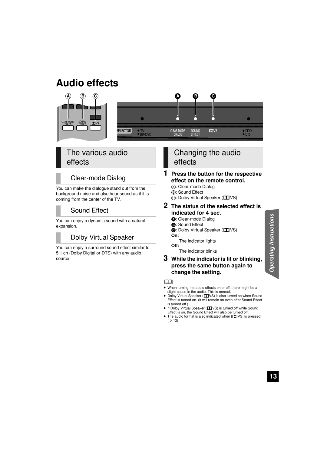 Panasonic RQTX1165-1P, SC-HTB10 operating instructions Audio effects, Various audio effects, Changing the audio effects 