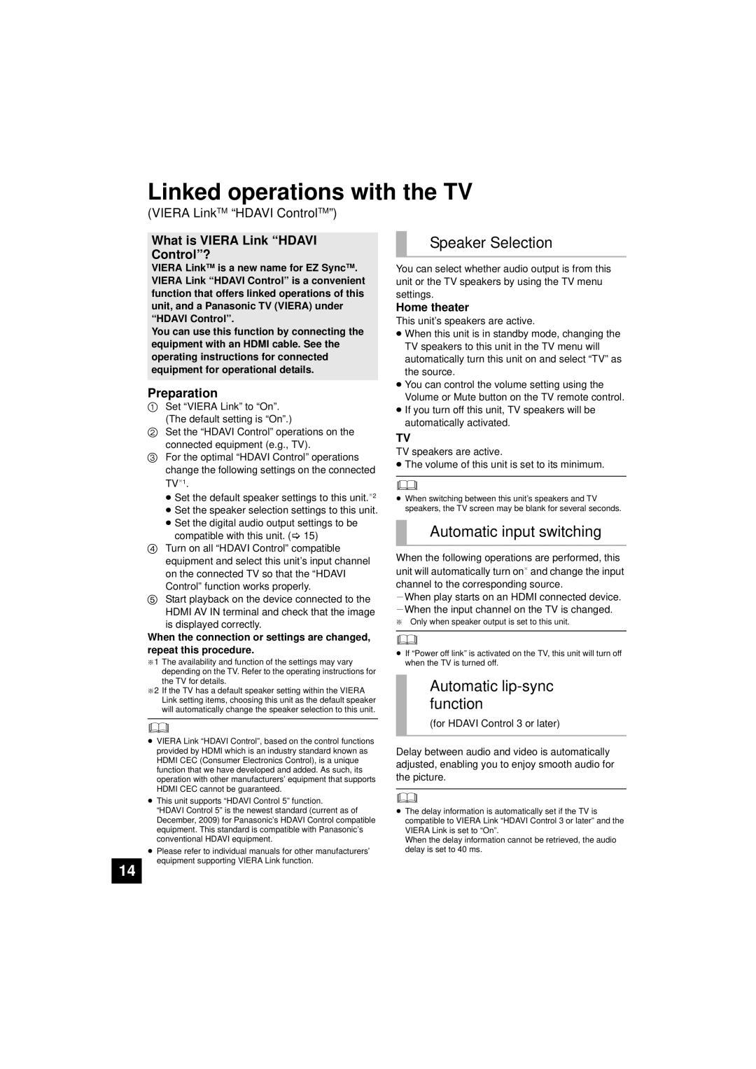 Panasonic SC-HTB10, RQTX1165-1P Linked operations with the TV, Speaker Selection, Automatic input switching 