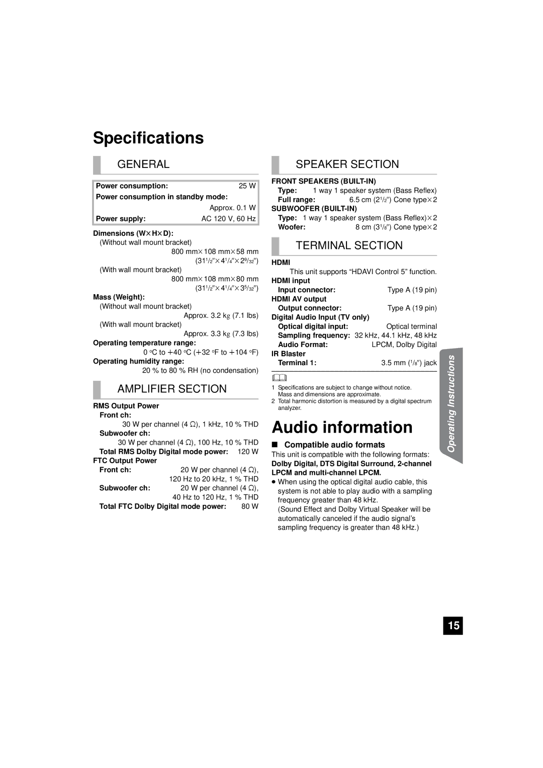 Panasonic RQTX1165-1P, SC-HTB10 operating instructions Specifications, Audio information, Compatible audio formats 