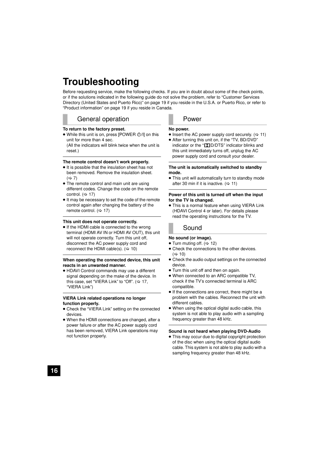 Panasonic SC-HTB10, RQTX1165-1P operating instructions Troubleshooting, General operation, Power, Sound 