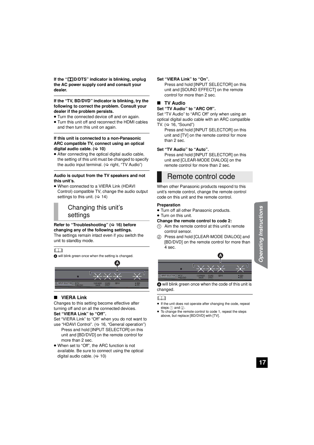 Panasonic RQTX1165-1P, SC-HTB10 Remote control code, Changing this unit’s settings, Viera Link, TV Audio 