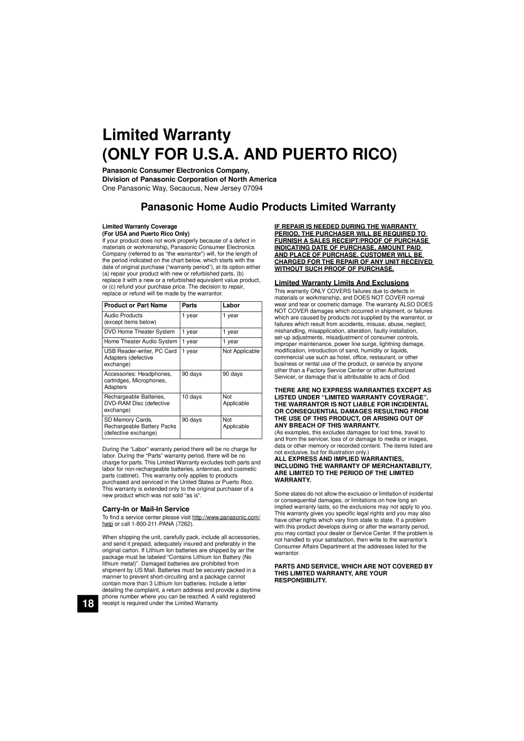 Panasonic SC-HTB10, RQTX1165-1P Limited Warranty, One Panasonic Way, Secaucus, New Jersey, Carry-In or Mail-In Service 