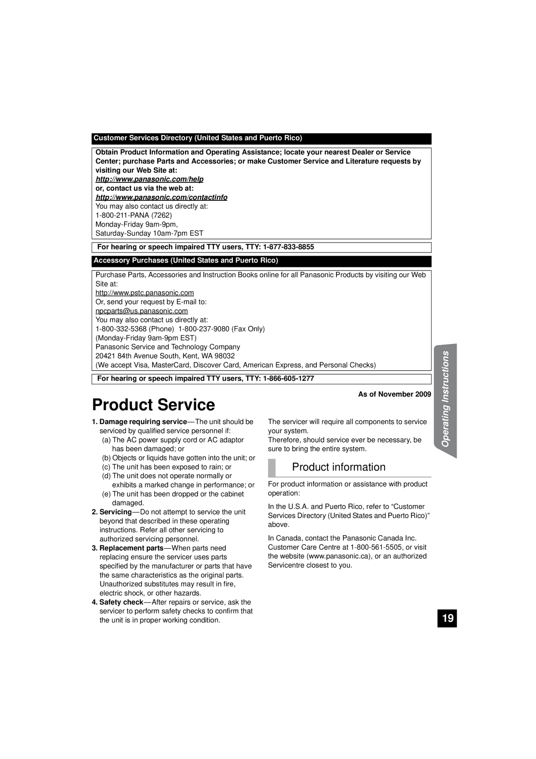 Panasonic RQTX1165-1P Product Service, Product information, For hearing or speech impaired TTY users, TTY, As of November 