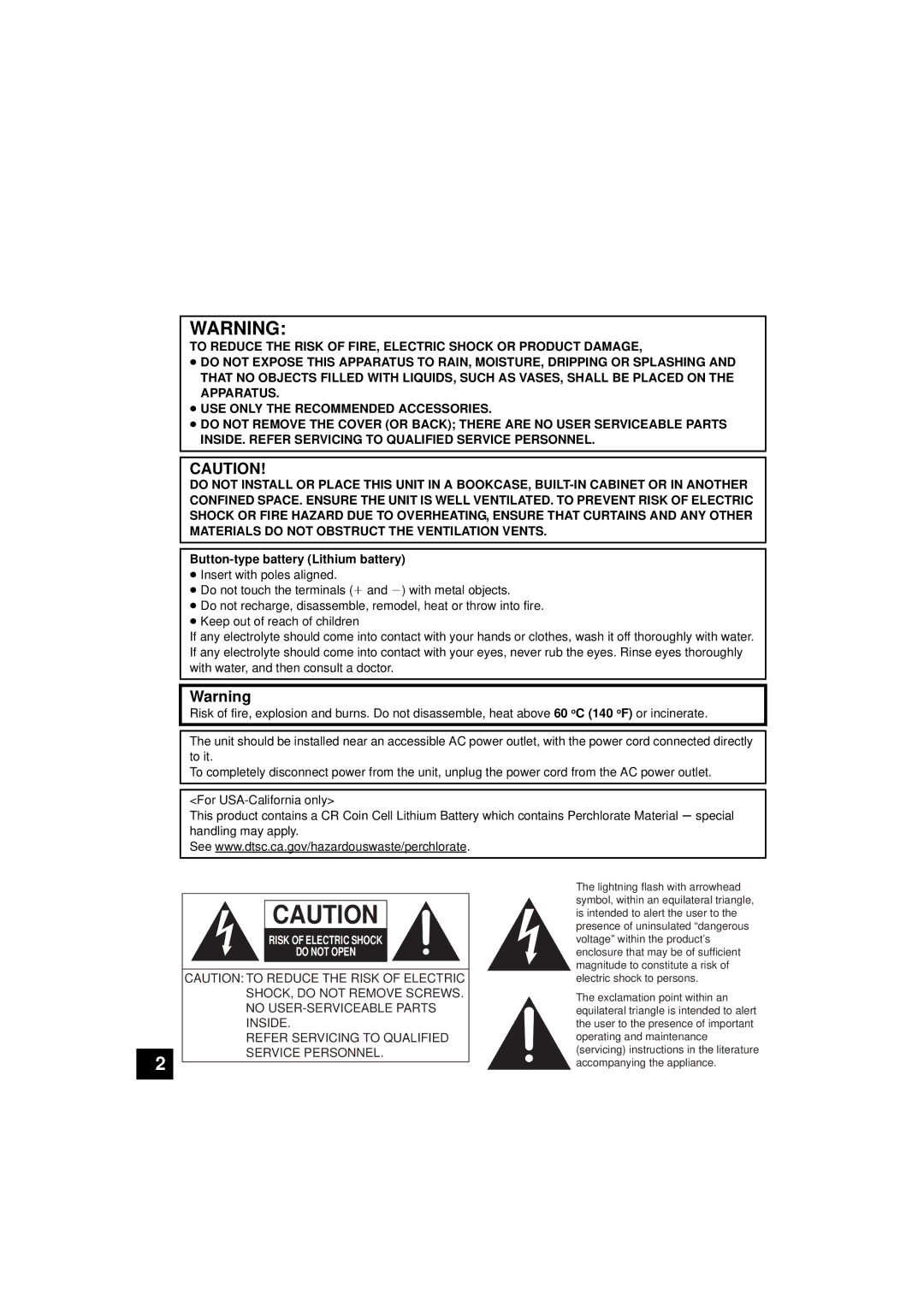 Panasonic SC-HTB10, RQTX1165-1P Button-type battery Lithium battery, Refer Servicing to Qualified Service Personnel 