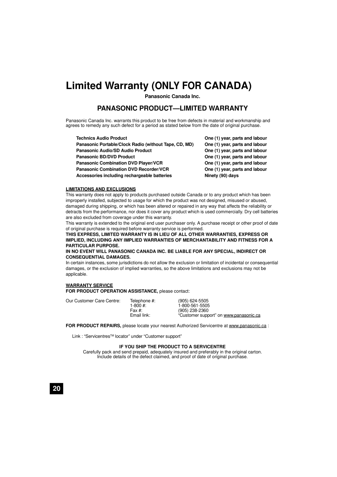 Panasonic SC-HTB10, RQTX1165-1P operating instructions Limited Warranty only for Canada, Panasonic Canada Inc 