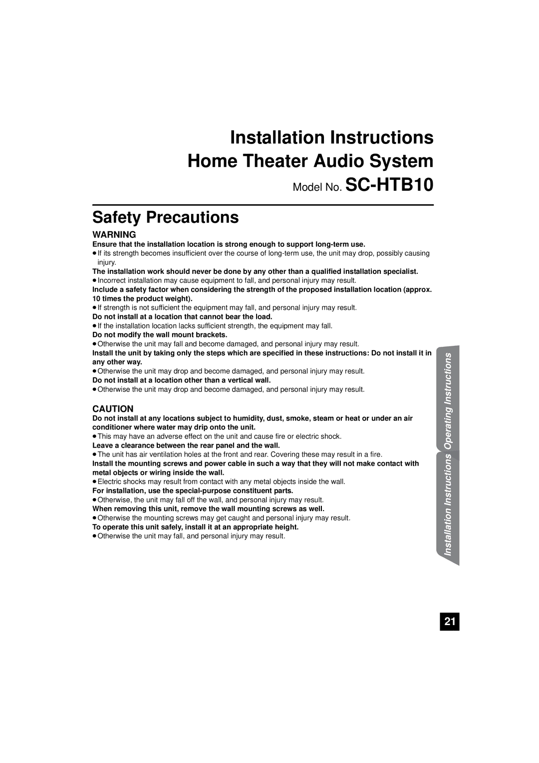 Panasonic RQTX1165-1P, SC-HTB10 operating instructions Safety Precautions 