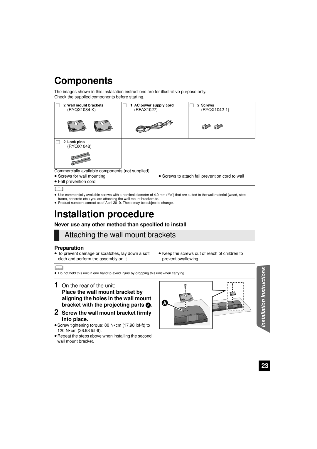 Panasonic RQTX1165-1P, SC-HTB10 operating instructions Components, Installation procedure, Attaching the wall mount brackets 