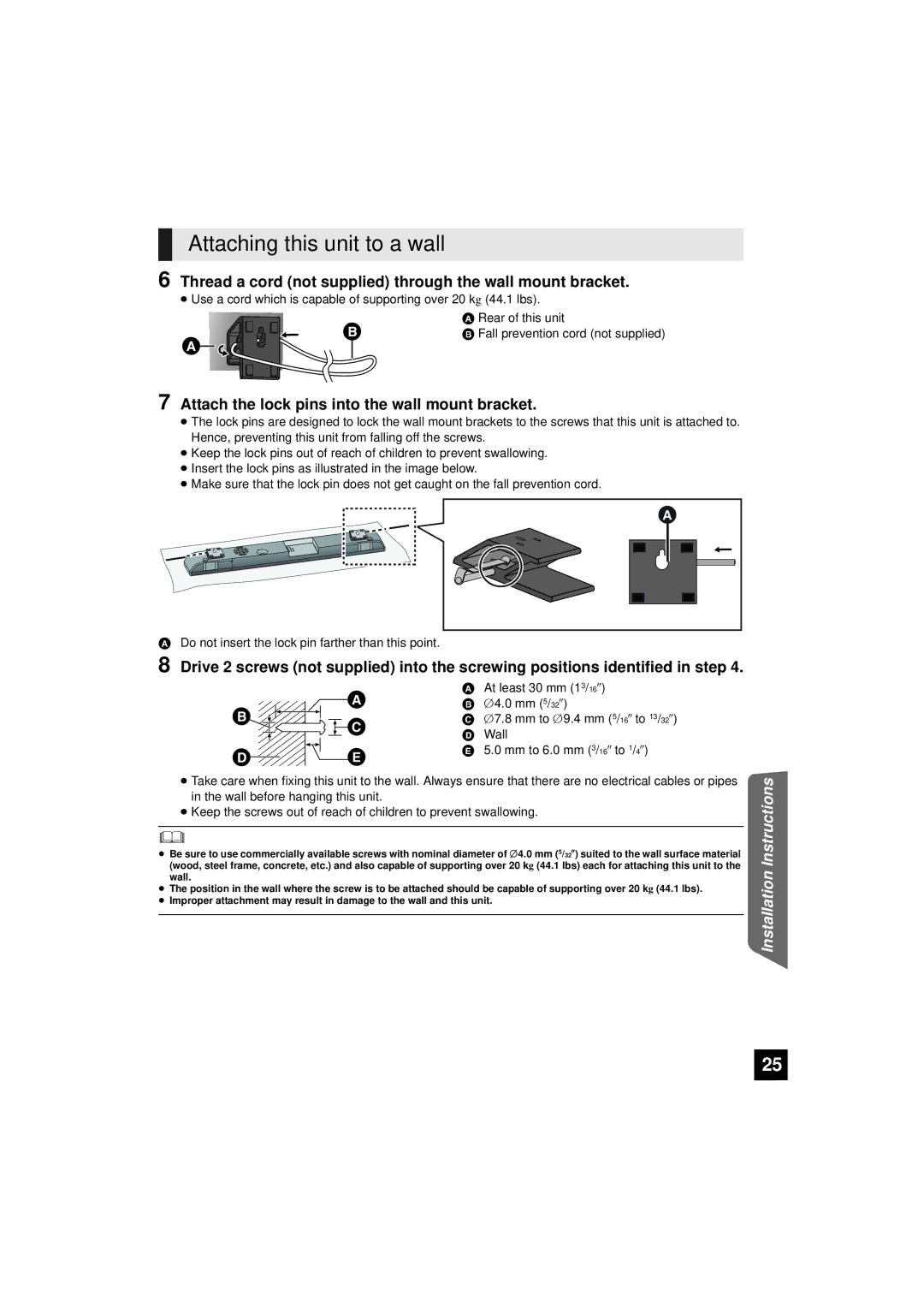 Panasonic RQTX1165-1P, SC-HTB10 Attaching this unit to a wall, Thread a cord not supplied through the wall mount bracket 