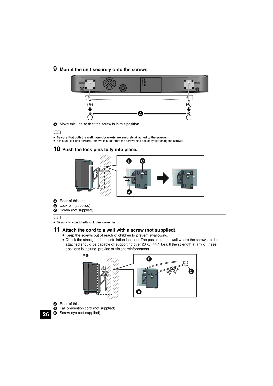 Panasonic SC-HTB10, RQTX1165-1P Mount the unit securely onto the screws, Push the lock pins fully into place 