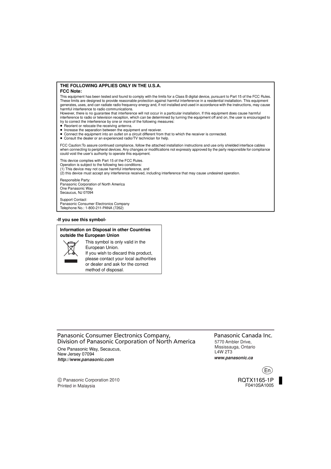 Panasonic SC-HTB10, RQTX1165-1P operating instructions FCC Note, F0410SA1005 