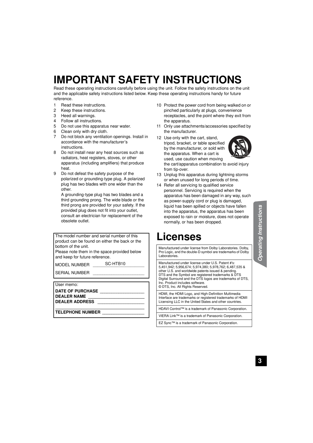 Panasonic RQTX1165-1P Model Number Serial Number User memo, Date of Purchase Dealer Name Dealer Address Telephone Number 