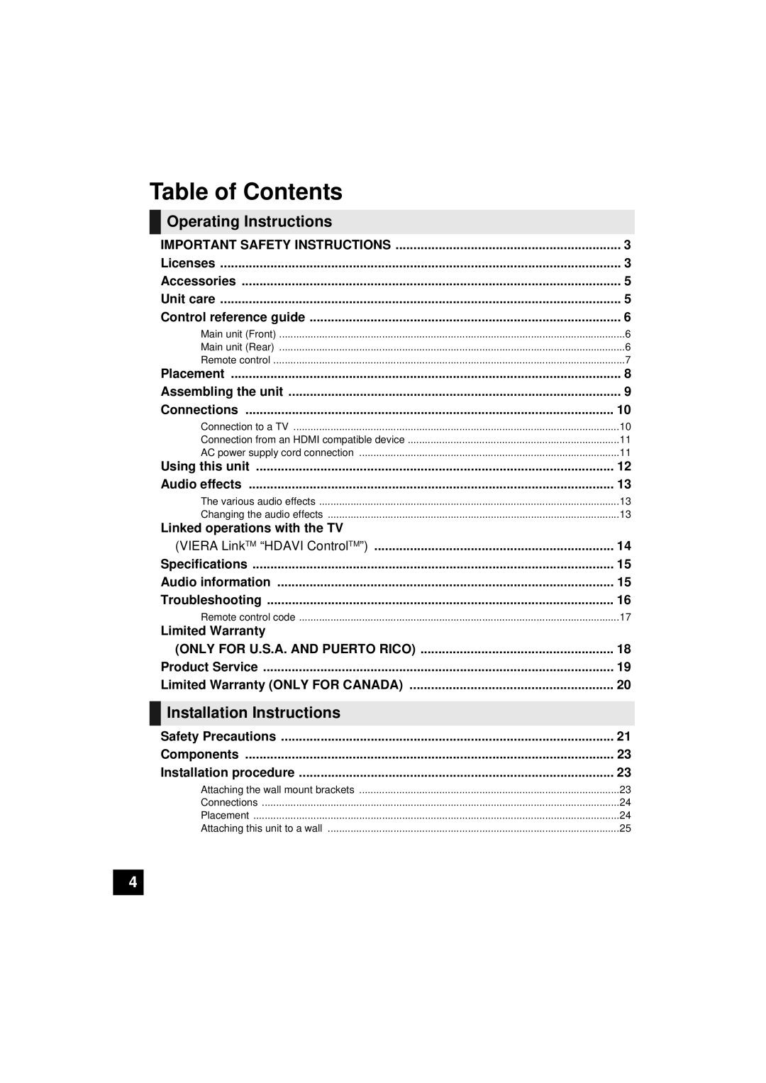 Panasonic SC-HTB10, RQTX1165-1P operating instructions Table of Contents 