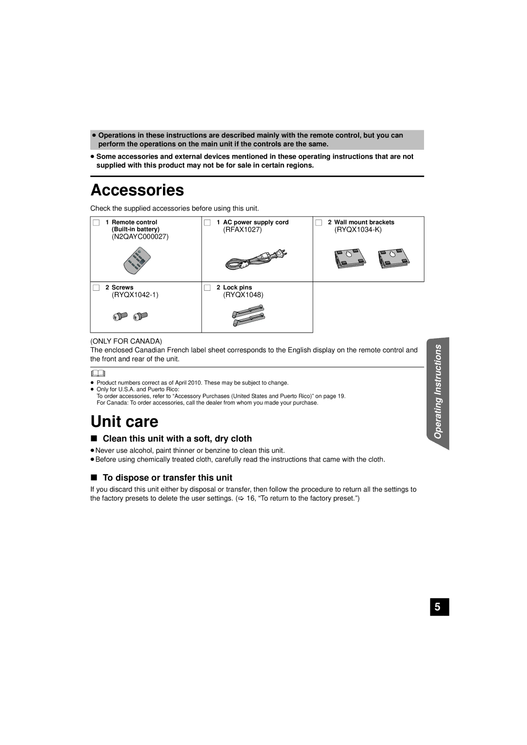 Panasonic RQTX1165-1P Accessories, Unit care, Clean this unit with a soft, dry cloth, To dispose or transfer this unit 