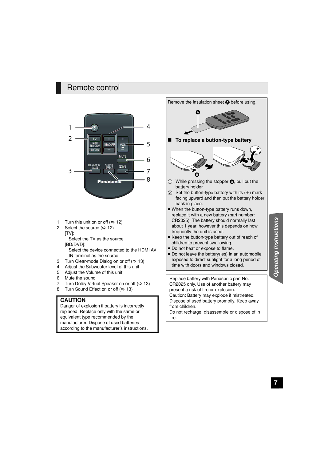 Panasonic RQTX1165-1P, SC-HTB10 operating instructions Remote control, To replace a button-type battery 