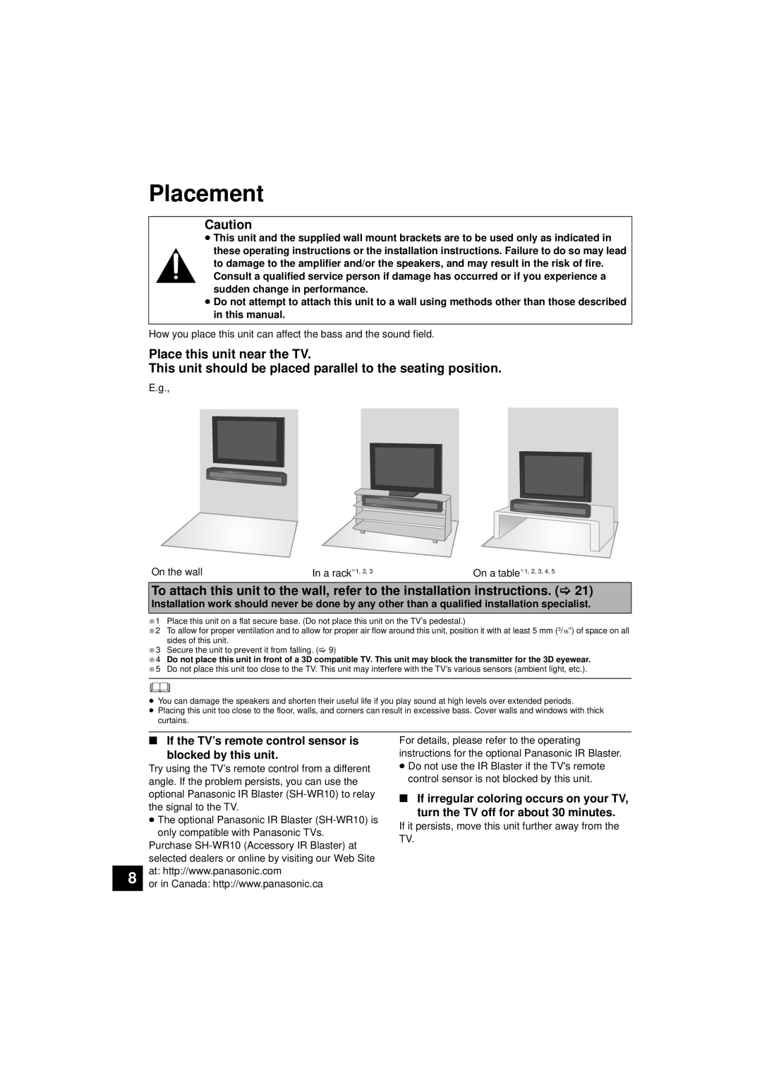 Panasonic SC-HTB10 Placement, If the TV’s remote control sensor is Blocked by this unit, On the wall A rack § 1, 2 