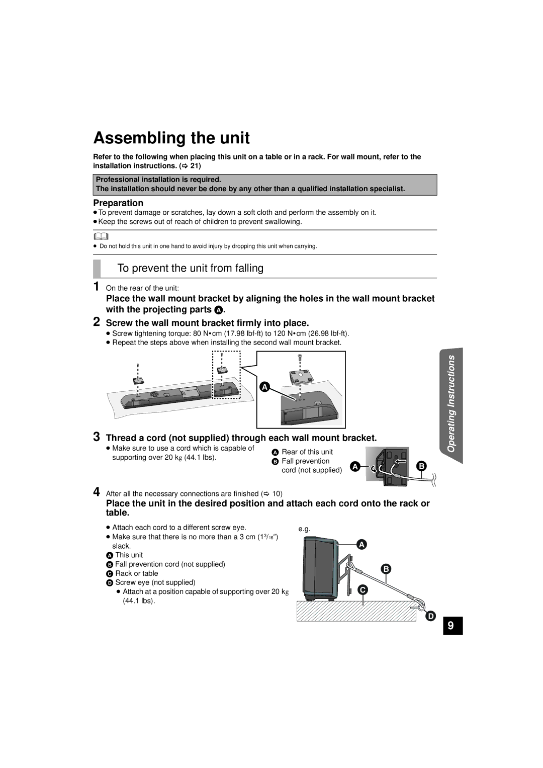 Panasonic RQTX1165-1P Assembling the unit, To prevent the unit from falling, Preparation, On the rear of the unit 