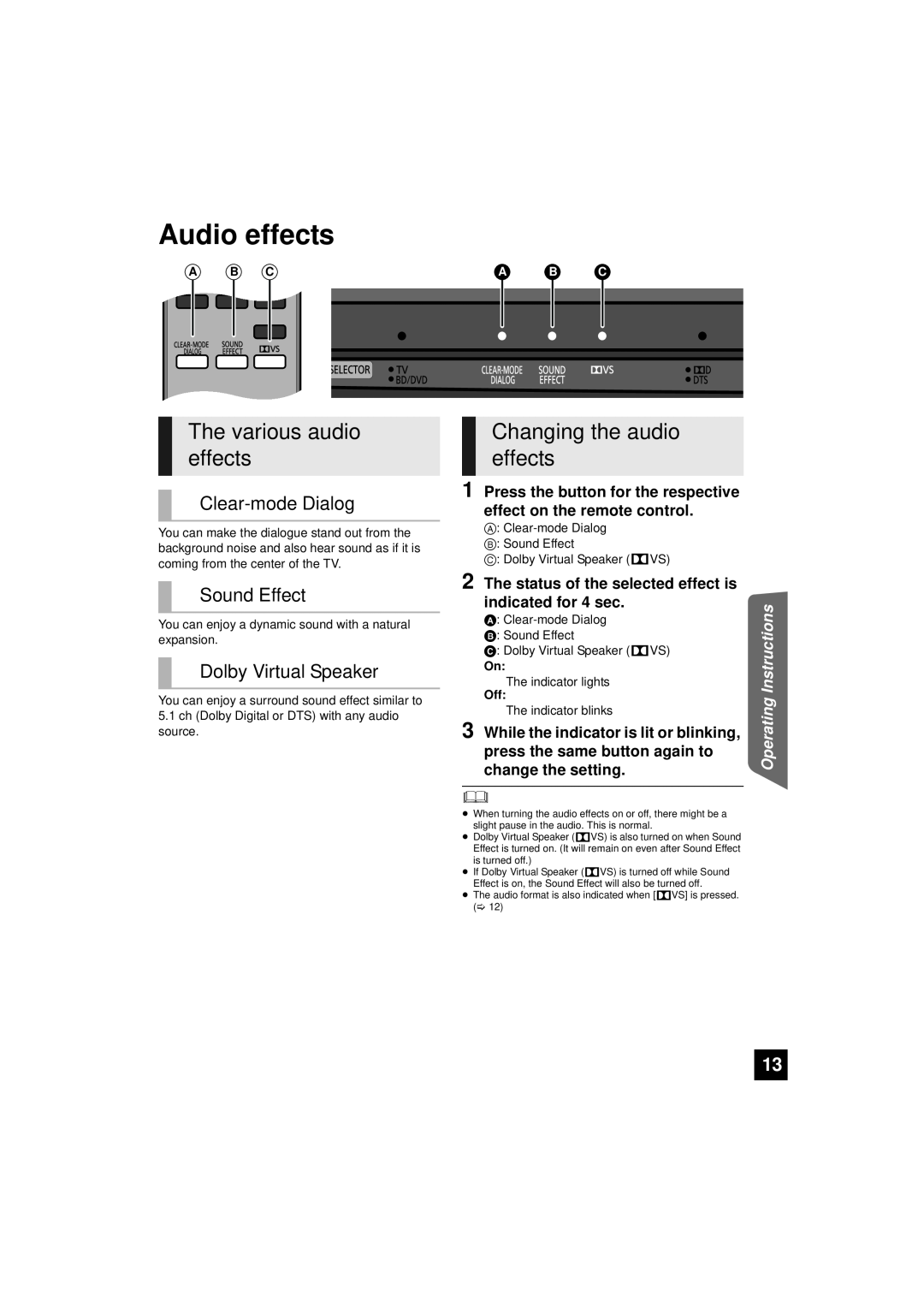 Panasonic RQTX1165-1P Audio effects, The various audio effects, Changing the audio effects, Clear-modeDialog, Sound Effect 