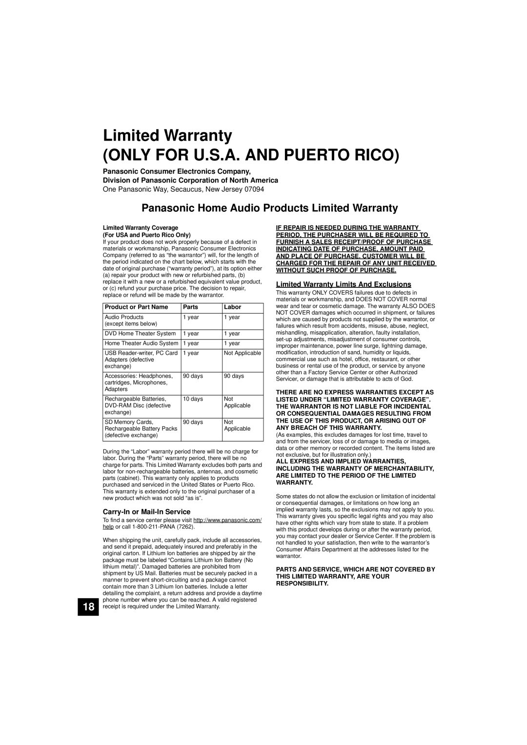 Panasonic SC-HTB10 Limited Warranty ONLY FOR U.S.A. AND PUERTO RICO, Panasonic Home Audio Products Limited Warranty 