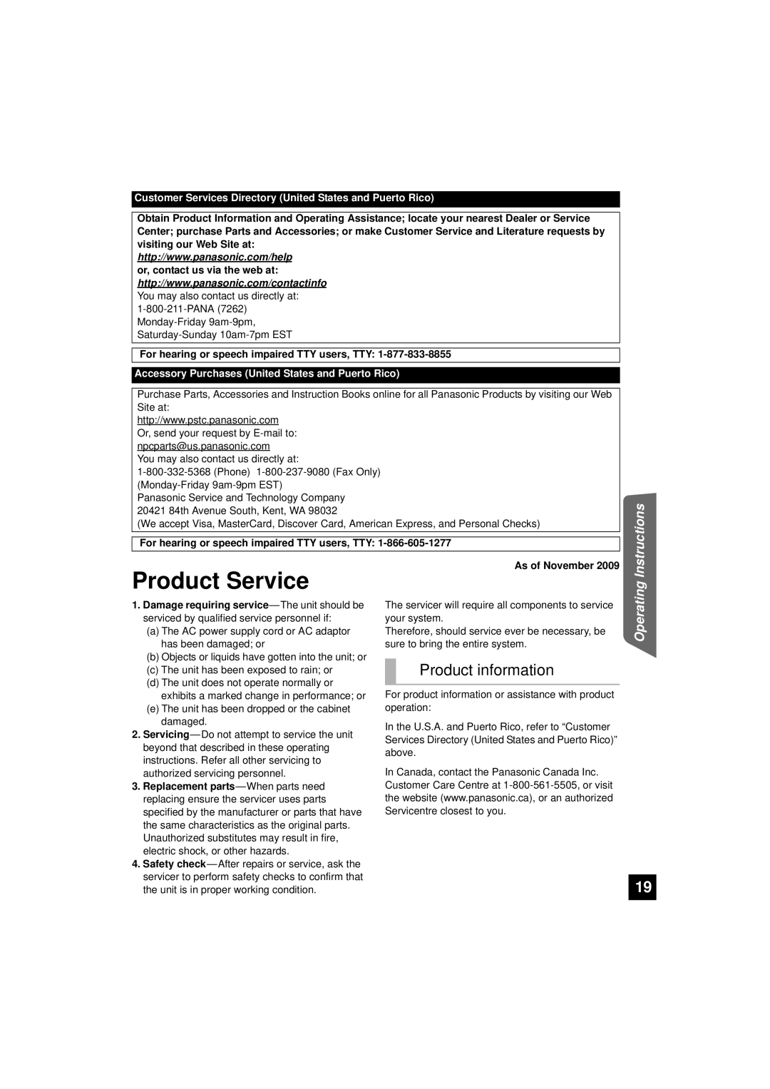 Panasonic RQTX1165-1P, SC-HTB10 operating instructions Product Service, Product information, Instructions, Operating 