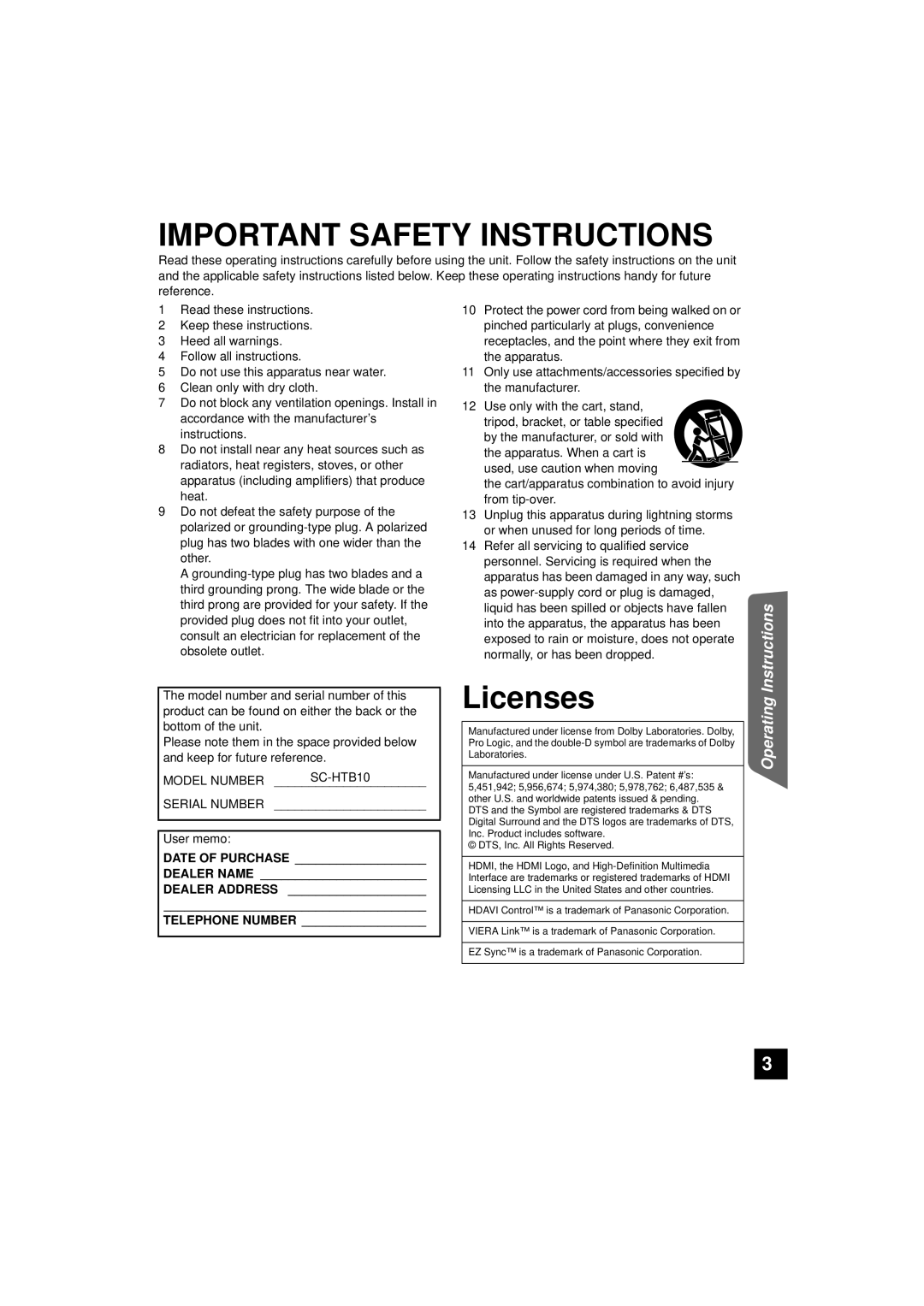 Panasonic RQTX1165-1P, SC-HTB10 operating instructions Important Safety Instructions, Licenses, Operating Instructions 