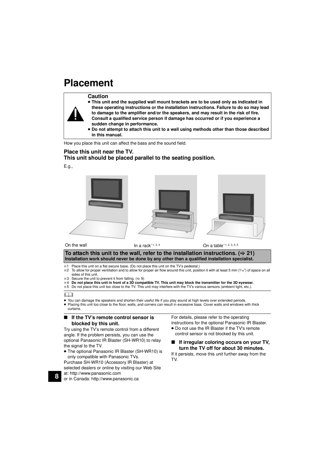 Panasonic SC-HTB10, RQTX1165-1P operating instructions Placement 