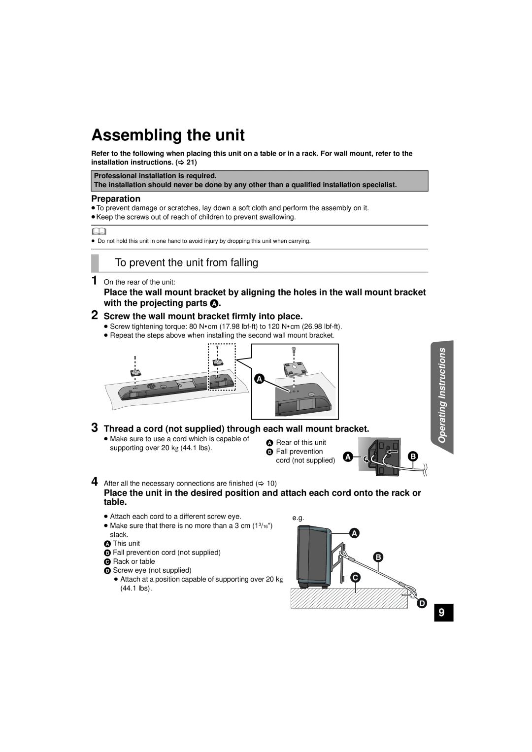 Panasonic RQTX1165-1P, SC-HTB10 Assembling the unit, To prevent the unit from falling,    , Operating Instructions 