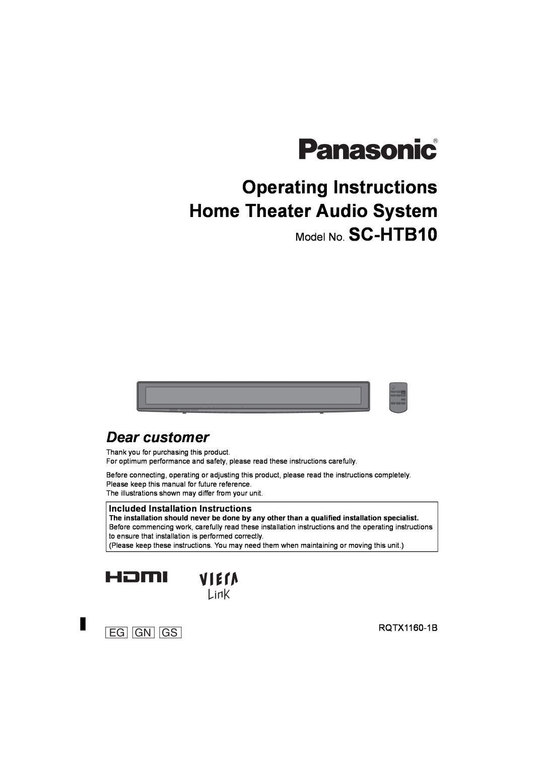 Panasonic operating instructions Model No. SC-HTB10, RQTX1160-1B, Operating Instructions Home Theater Audio System 