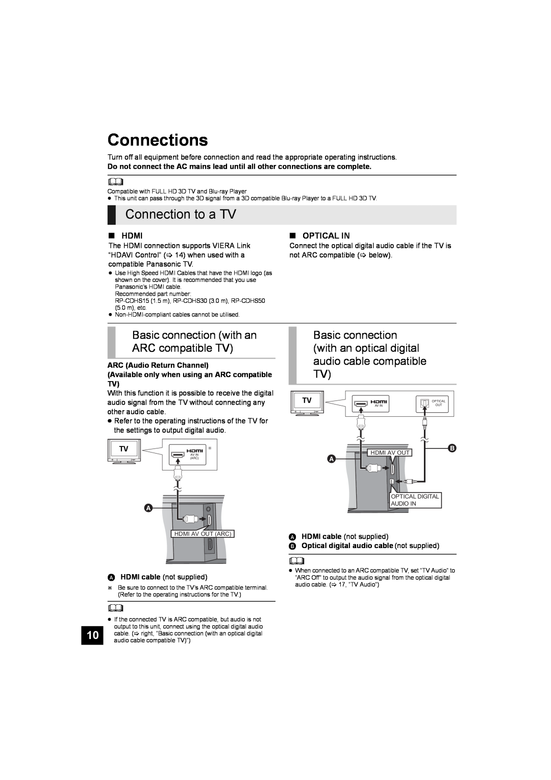 Panasonic SC-HTB10 Connections, Connection to a TV, Basic connection with an ARC compatible TV, Hdmi, ∫Optical In 