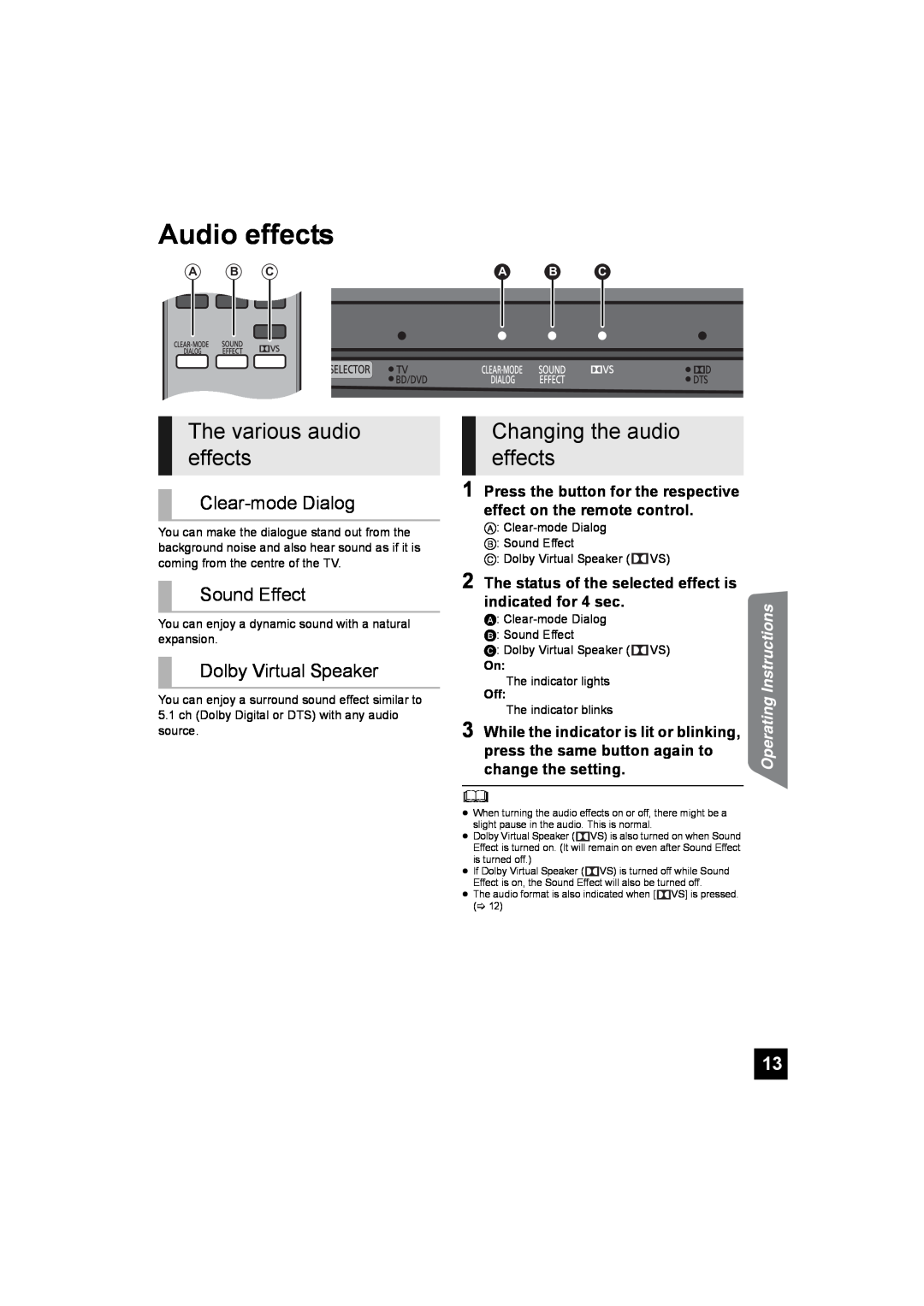 Panasonic SC-HTB10 Audio effects, The various audio effects, Changing the audio effects, Clear-modeDialog, Sound Effect 